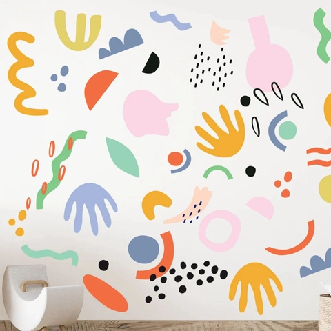 Stickers Muraux Géométriques Abstraits Colorés en PVC Imperméable Autocollants Style Nordique Décalcomanies pour Enfants Chambre Salon Décor