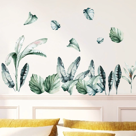 Vinilo Decorativo Pared Hoja Verde Tropical Acuarela PVC Extraíble Calcomanía Planta Para Sala de Estar Dormitorio Fondo