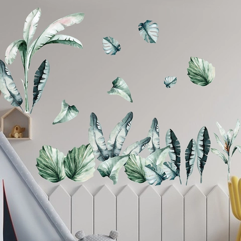 Vinilo Decorativo Pared Hoja Verde Tropical Acuarela PVC Extraíble Calcomanía Planta Para Sala de Estar Dormitorio Fondo