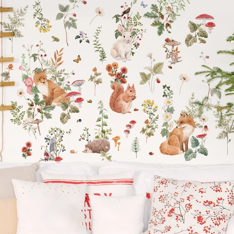 Aquarel Bosdieren Muurstickers Voor Kinderkamer Babykamer Decoratie Vos Konijn Eekhoorn Paddestoel Bloemen PVC Sticker Zelfklevend
