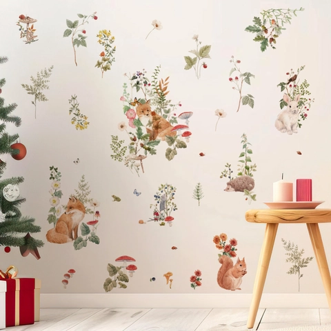 Aquarel Bosdieren Muurstickers Voor Kinderkamer Babykamer Decoratie Vos Konijn Eekhoorn Paddestoel Bloemen PVC Sticker Zelfklevend