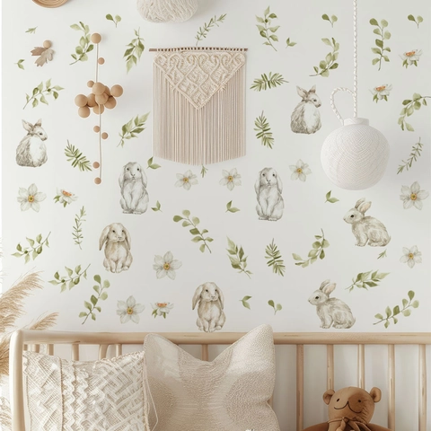 Aquarell Hase Wandaufkleber Waldtier Bunny Mit Grünen Blättern Weißen Blumen PVC Abnehmbare Aufkleber Für Kinderzimmer Deko