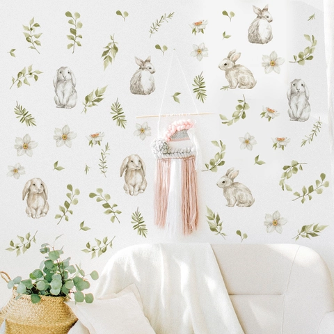 Aquarell Hase Wandaufkleber Waldtier Bunny Mit Grünen Blättern Weißen Blumen PVC Abnehmbare Aufkleber Für Kinderzimmer Deko