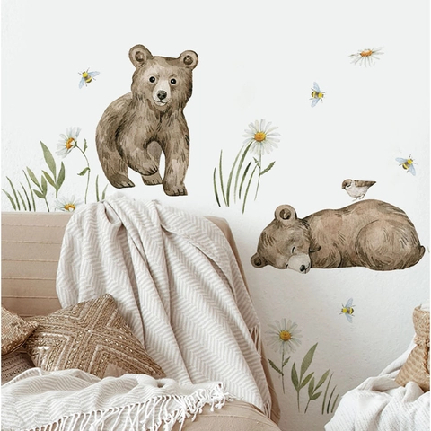 Adhesivo de Pared de Oso de Dibujos Animados de Acuarela PVC Autoadhesivo Lindos Animales Abeja Margarita Para Dormitorio Infantil