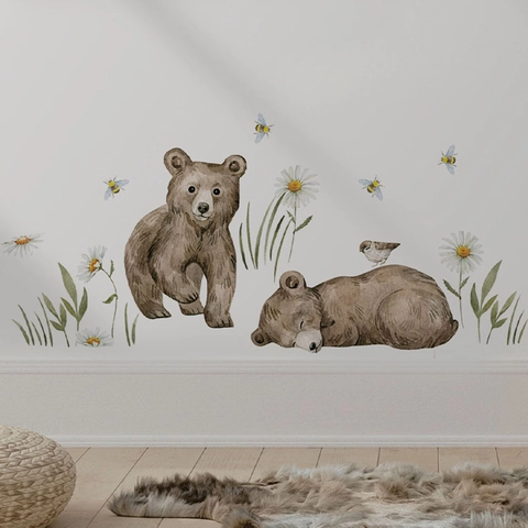 Adhesivo de Pared de Oso de Dibujos Animados de Acuarela PVC Autoadhesivo Lindos Animales Abeja Margarita Para Dormitorio Infantil