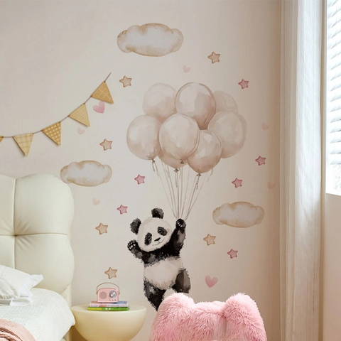 Pegatina de Pared de Panda Acuarela Animal Flor de Cerezo Globo Calcomanía de Pared para Habitación de Niños Guardería Dormitorio PVC Arte Decorativo
