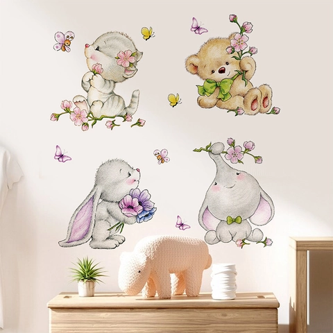 Adesivo da Parete Cartoon Coniglio Orso Decalcomania Animale in PVC Rimovibile per Cameretta Bambini Pasqua Decorazione