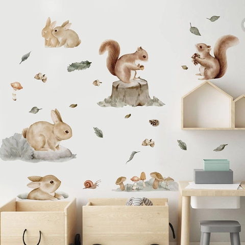 Pegatina de Pared de Acuarela de Animales del Bosque PVC Autoadhesiva Ardilla Conejo Hongo Calcomanía para Cuarto de Niños
