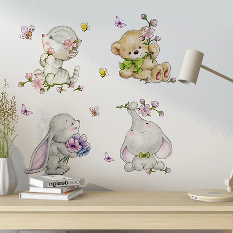 Adesivo da Parete Cartoon Coniglio Orso Decalcomania Animale in PVC Rimovibile per Cameretta Bambini Pasqua Decorazione