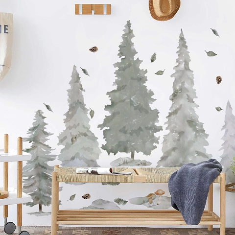 Adesivi Murali Foresta di Pini ad Acquerello Decalcomania in PVC Rimovibile per Soggiorno Camera da Letto Arredamento Botanico