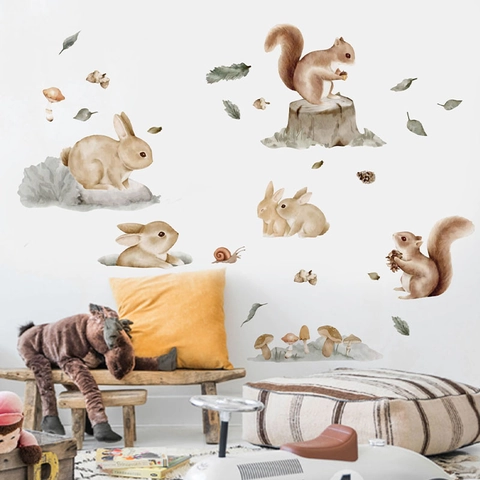 Pegatina de Pared de Acuarela de Animales del Bosque PVC Autoadhesiva Ardilla Conejo Hongo Calcomanía para Cuarto de Niños