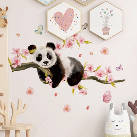 Adesivo da Parete Panda dei Cartoni Animati Fiori di Ciliegio PVC Rimovibile Autoadesivo per Soggiorno Camera da Letto Decorazione