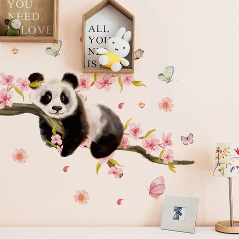 Adesivo da Parete Panda dei Cartoni Animati Fiori di Ciliegio PVC Rimovibile Autoadesivo per Soggiorno Camera da Letto Decorazione