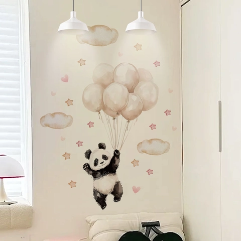 Pegatina de Pared de Panda Acuarela Animal Flor de Cerezo Globo Calcomanía de Pared para Habitación de Niños Guardería Dormitorio PVC Arte Decorativo