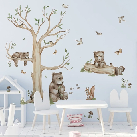 Stickers Muraux Animaux de la Forêt Aquarelle Dessin Animé Ours Bruns Arbre Écureuil pour Décoration Chambre d'Enfant PVC