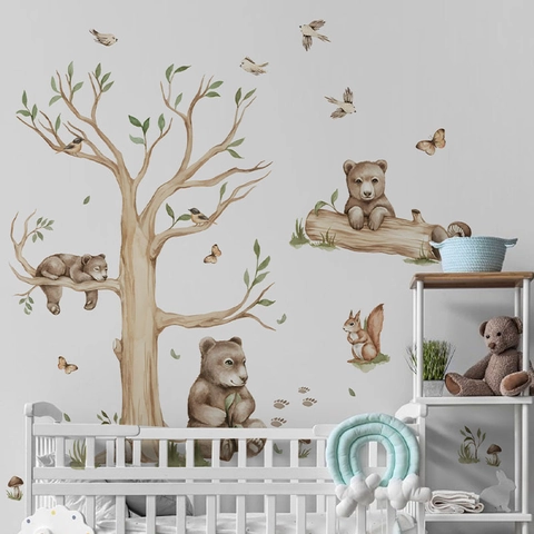 Stickers Muraux Animaux de la Forêt Aquarelle Dessin Animé Ours Bruns Arbre Écureuil pour Décoration Chambre d'Enfant PVC