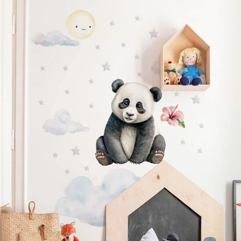 Cartoon Panda Wandaufkleber Für Kinderzimmer Aquarell Mond Sterne Wolken PVC Wasserdichte Selbstklebende Kinderzimmer Deko