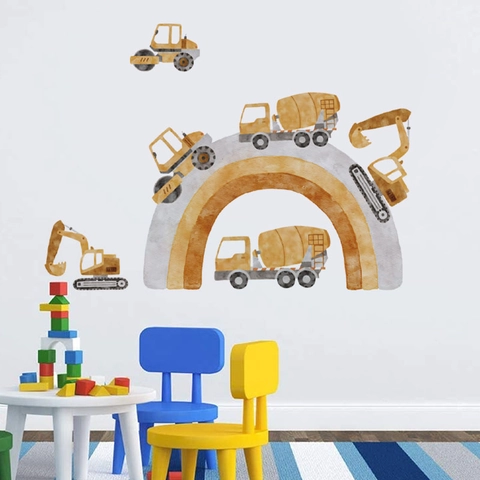 Aquarell Baustellenfahrzeuge Wandsticker PVC Cartoon Bagger Mischwagen Regenbogen Aufkleber Für Jungen Kinderzimmer Deko