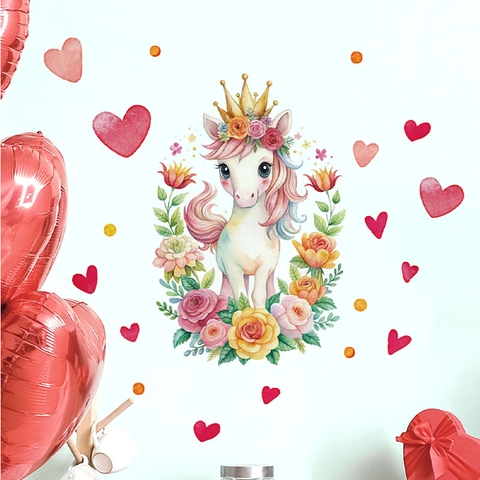 Watercolor Cartoon Unicorn Wall Sticker PVC Floral Heart Crown Self Adhesive Decal For Kids Bedroom Living Room Decor