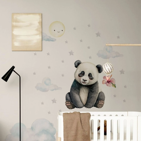 Cartoon Panda Wandaufkleber Für Kinderzimmer Aquarell Mond Sterne Wolken PVC Wasserdichte Selbstklebende Kinderzimmer Deko
