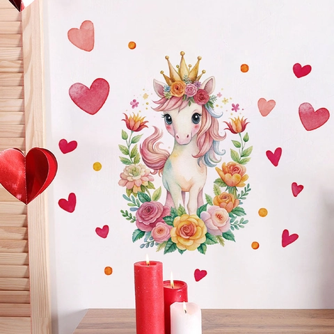 Watercolor Cartoon Unicorn Wall Sticker PVC Floral Heart Crown Self Adhesive Decal For Kids Bedroom Living Room Decor