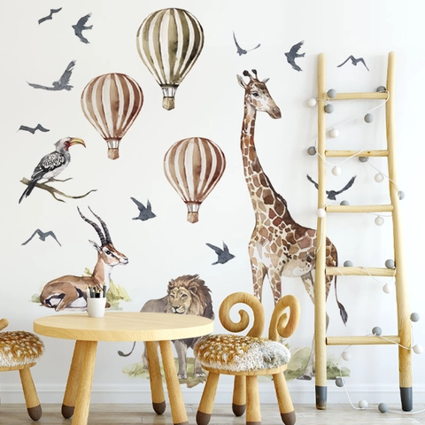 Watercolor Safari Animal Wall Sticker Giraffe Lion Hot Air Balloon For Kids Nursery Room Decor PVC Self Adhesive Wall Decal