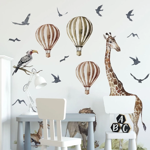 Watercolor Safari Animal Wall Sticker Giraffe Lion Hot Air Balloon For Kids Nursery Room Decor PVC Self Adhesive Wall Decal