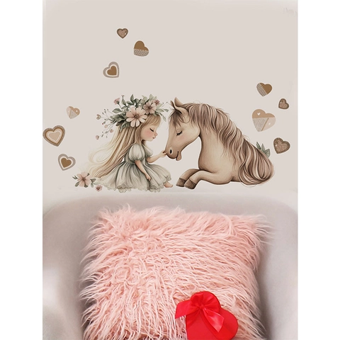 Girl And Horse Romantic Wall Sticker PVC Self-Adhesive Floral Crown Hearts DIY Wall Decal For Bedroom Living Room Decor
