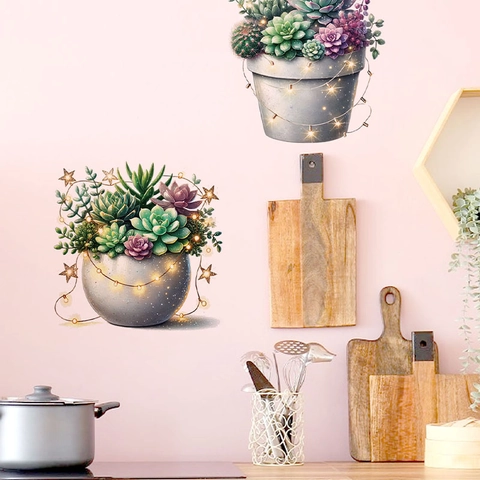 Pegatina de Pared de Planta Suculenta en Maceta Acuarela Nórdica Calcomanía de PVC Autoadhesiva para Decoración de Pared de Sala