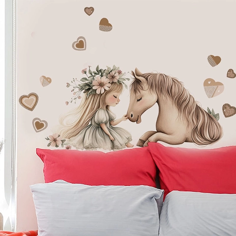 Girl And Horse Romantic Wall Sticker PVC Self-Adhesive Floral Crown Hearts DIY Wall Decal For Bedroom Living Room Decor