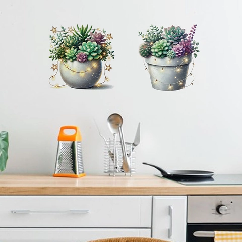 Pegatina de Pared de Planta Suculenta en Maceta Acuarela Nórdica Calcomanía de PVC Autoadhesiva para Decoración de Pared de Sala