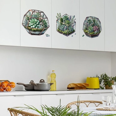 Watercolor Succulent Geometric Terrarium Wall Stickers PVC Waterproof Cabinet Decals For Kitchen Bedroom Living Room Decor