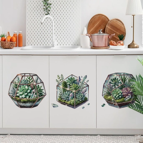 Watercolor Succulent Geometric Terrarium Wall Stickers PVC Waterproof Cabinet Decals For Kitchen Bedroom Living Room Decor