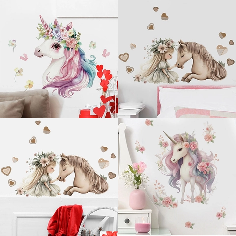 Adesivo Murale Unicorno Cartone Animato Onirico Acquerello Floreale PVC per Camera Bambini Ragazza Letto Decorazione Casa