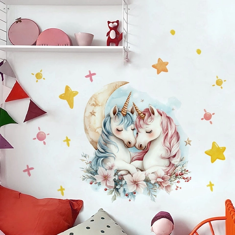 Adesivo da Parete Unicorno Cartone Animato Luna Stella Fiore Acquerello Dipinto a Mano PVC Rimovibile Fai-da-te per Cameretta Bambini