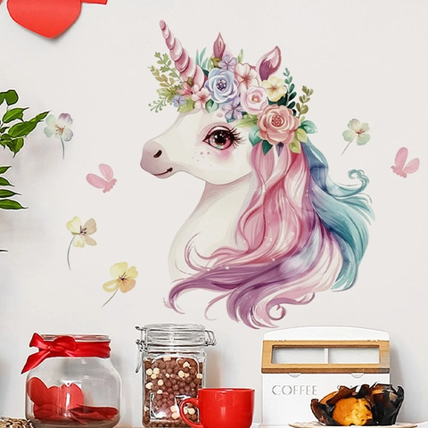 Adesivo Murale Unicorno Cartone Animato Onirico Acquerello Floreale PVC per Camera Bambini Ragazza Letto Decorazione Casa