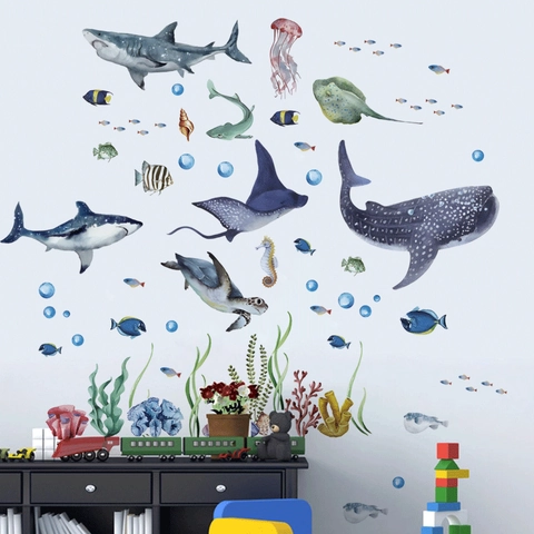 Cartoon Meereswelt Hai Wal Wandaufkleber Für Kinderzimmer Kindergarten Aquarell PVC Unterwasser DIY Deko Wandtattoo