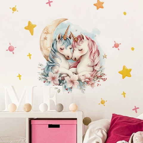 Mignons Stickers Muraux en PVC Licorne et Hibou à l'Aquarelle Pour Décoration de Chambre d'Enfant Chambre Salon Animaux Lune Étoile Cœur Décalcomanies Murales