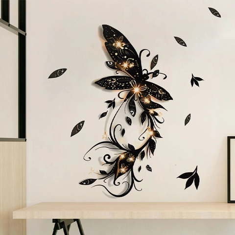 Creative Black Butterfly Wall Stickers With Gold Sparkle PVC Waterproof Removable DIY Art Murals For Bedroom Living Room Home Decor