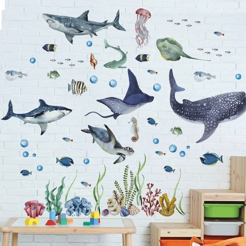 Cartoon Meereswelt Hai Wal Wandaufkleber Für Kinderzimmer Kindergarten Aquarell PVC Unterwasser DIY Deko Wandtattoo