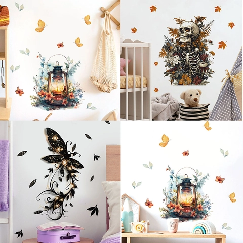 Halloween Schedel Kerosinelamp Muurstickers Vintage Aquarel PVC Zelfklevende Decals Voor Feest Woonkamer Thuis Decoratie