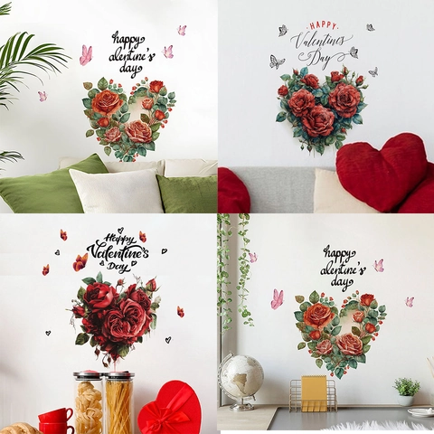 Fröhlichen Valentinstag Rose Herz Wandtattoo Romantische Schmetterling Blumen Aufkleber Für Wohnzimmer Schlafzimmer Home Deko