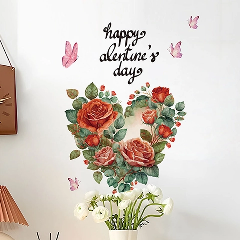 Fröhlichen Valentinstag Rose Herz Wandtattoo Romantische Schmetterling Blumen Aufkleber Für Wohnzimmer Schlafzimmer Home Deko