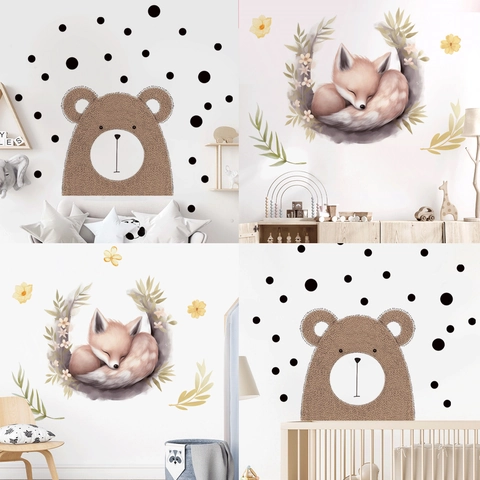 Pegatinas de Pared de Animales de Dibujos Animados Oso Zorro Acuarela Flor PVC Autoadhesivas para Habitación de Niños