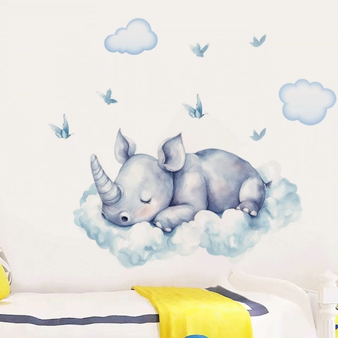 Adesivi Murali Animali Acquerello Cartone Animato PVC Rinoceronte Zebra Nuvola Farfalla Decalcomanie per Cameretta Bambini