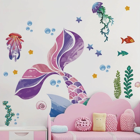 Aquarell Meerjungfrau Schwanz Wandtattoo Ozean Thema DIY Wandsticker Für Kinder Mädchen Schlafzimmer Badezimmer Kinderzimmer Deko