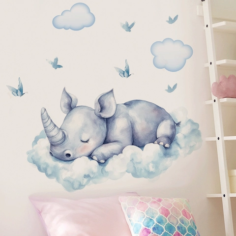 Adesivi Murali Animali Acquerello Cartone Animato PVC Rinoceronte Zebra Nuvola Farfalla Decalcomanie per Cameretta Bambini