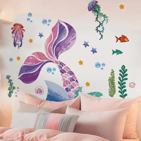 Aquarell Meerjungfrau Schwanz Wandtattoo Ozean Thema DIY Wandsticker Für Kinder Mädchen Schlafzimmer Badezimmer Kinderzimmer Deko