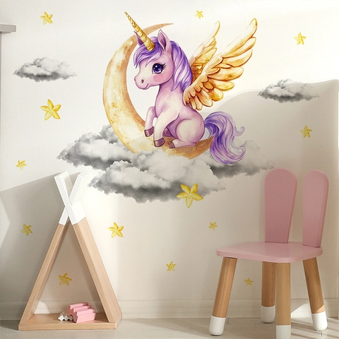 Watercolor Unicorn Moon Star Wall Stickers For Kids Room Bedroom Decor PVC Removable Cartoon Animal Cloud Wall Decal