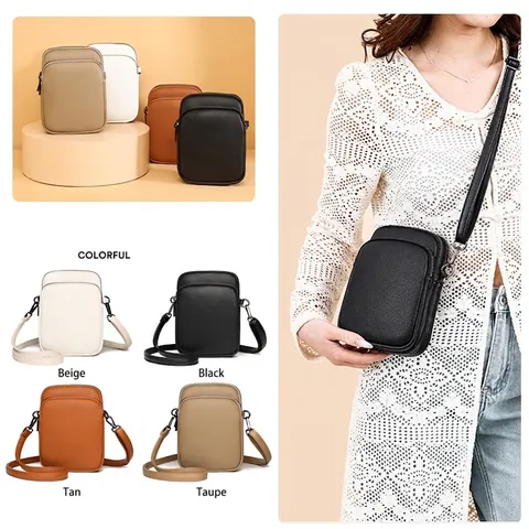 Mini Sac à Bandoulière en Cuir PU pour Femme Texture Galet Multi-Fermeture Éclair Sac de Téléphone Sacoche Décontractée